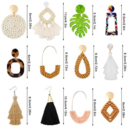9 Pairs-26 Pairs Rattan Earrings for Women Girls Lightweight Acrylic Geometric Statement Woven Earrings Handmade Straw Wicker Braid Hoop Drop Dangle Earrings - color: green