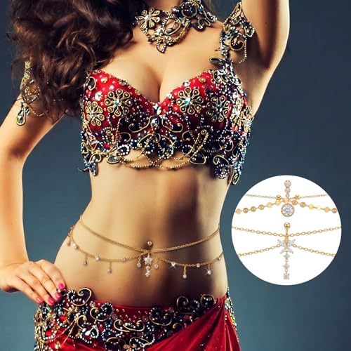 Hicarer 3 Pieces Crystal Belly Ring with Chain Rhinestone Waist Body Chain Bikini Belly Jewelry Beach Accessories Jewelry for Women Adults - color: Gold, style: Vibrant Style