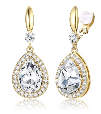 THUNARAZ Clip on Dangle Earrings for Women, Rhinestone Wedding Prom Jewelry | Clip Earrings Non-Pierced, Teardrop Dangle Earrings, Crystal Drop Earrings, Elegant Rhinestone Jewelry for Bride Bridesmaid - color: Gold Tone/Clear Stone
