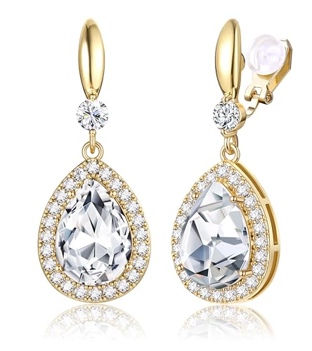 THUNARAZ Clip on Dangle Earrings for Women, Rhinestone Wedding Prom Jewelry | Clip Earrings Non-Pierced, Teardrop Dangle Earrings, Crystal Drop Earrings, Elegant Rhinestone Jewelry for Bride Bridesmaid - color: Gold Tone/Clear Stone