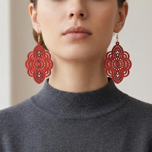 Boho Black Filigree Dangle Earrings for Women, Lightweight Hollow Lace Drop, Wood, 3.34" x 1.69", Bohemian Jewelry - color: Red