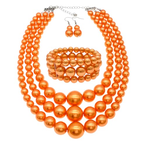 We We Imitation Pearl Necklace for Women Large Chunky Pearl Necklaces Multilayer Pearl Necklace and Earring 1920s Costume Jewelry set - color: orange pearl necklace set