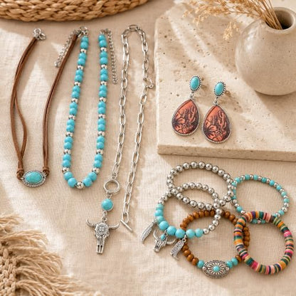 3Pcs Western Turquoise Jewelry Set Necklace Earrings Bracelet | Western Boho Style | Turquoise Beaded | Ox-Head Pendant | Layered Necklace | Faux Leather Cuff | Personalized Gift - color: Color-2