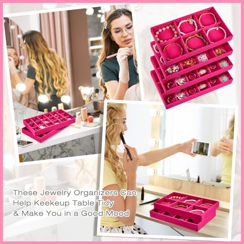 12 Pcs Jewelry Tray Velvet Stackable Jewelry Organizer Trays Divided Earring Accessories Storage Containers Box (Rose Red) - color: Rose Red