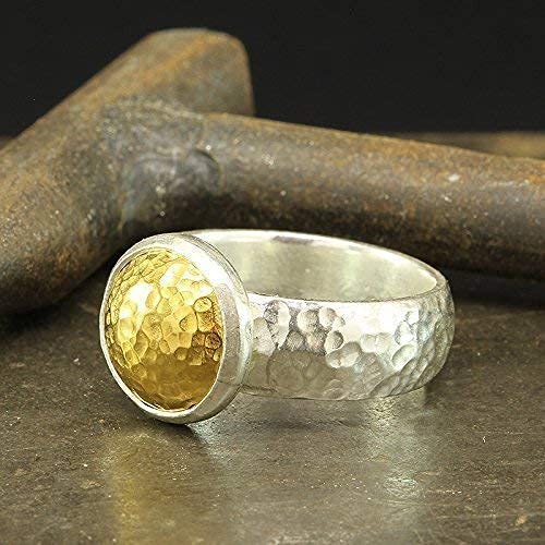 Dome Pebble Ring 925 Sterling Silver 24K Gold Vermeil Two-tone Hammered Handcrafted Designer Hand Forged Half Round Band Ring