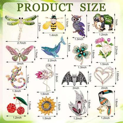 Sasylvia 16 Pcs Women Brooch Set Rhinestone Vintage Animal Insect Plant Pins Brooches Bulk for Christmas Women Girls Gifts - style: Classic