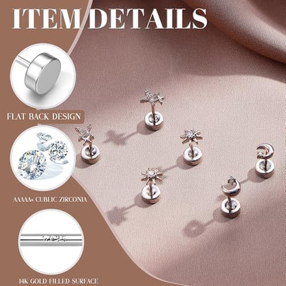 14K Gold Plated 925 Sterling Silver Flat Back Earrings Set | Hypoallergenic Cartilage Helix Conch Tragus Piercing Jewelry 3 Pairs Small Screw Dainty CZ Opal Earring Set Men Women - color: Silver, Style F