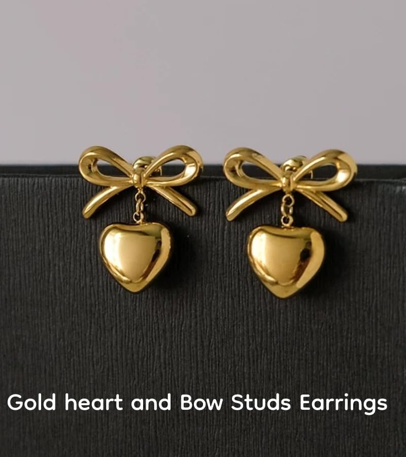18K Gold Plated & Silver Chunky Heart & Bow Earrings for Women, Chunky Heart Dangle Hoops/Tiny Studs, Kawaii Dainty Hypoallergenic Jewelry for Multiple Piercings, Gift for Her - style: Bow&Heart-Gold