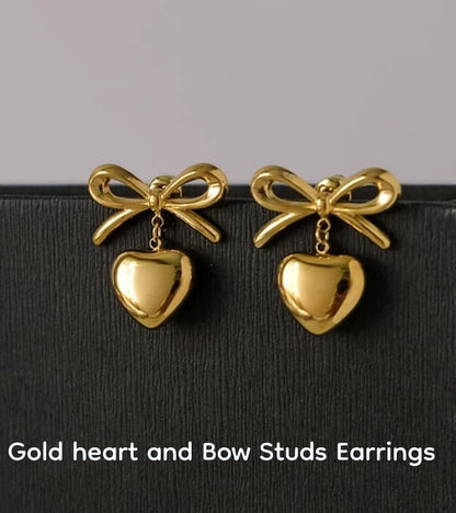 18K Gold Plated & Silver Chunky Heart & Bow Earrings for Women, Chunky Heart Dangle Hoops/Tiny Studs, Kawaii Dainty Hypoallergenic Jewelry for Multiple Piercings, Gift for Her - style: Bow&Heart-Gold