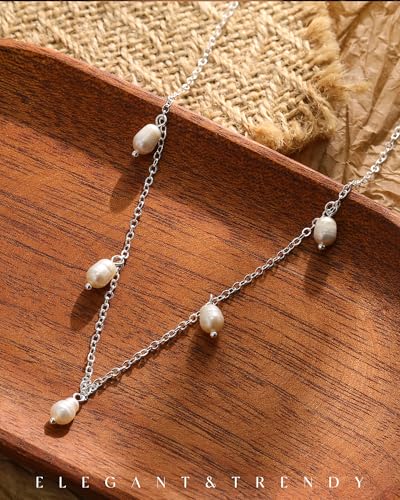 FUNEIA Dainty Pearl Necklace for Women 14K Gold Plated Faux Pearl Choker Necklaces Trendy White Silver Small Pearl Necklace Strand Wedding Prom Bridal Pearls Jewelry 14/16/18/20 Inches - color: I-Pearl Charm Necklace-Silver