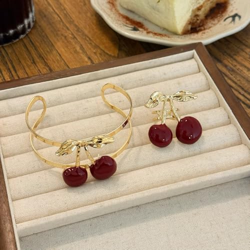 Cherry Charm Bracelet and Ring Set for Women, Gold Tone Adjustable Cuff Bangle Statement Cherry Rings Cute Fruit Jewelry Set Trendy Gift for Birthday Valentine’s Day