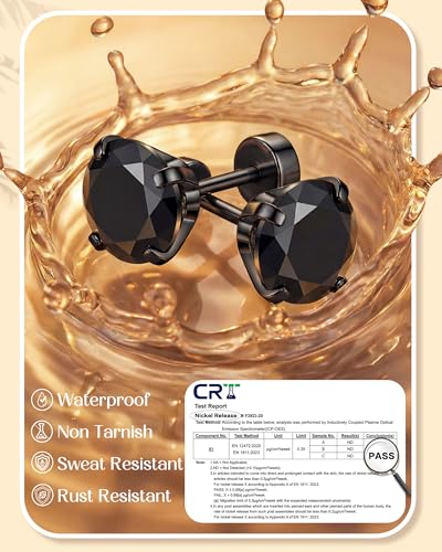 ORAZIO 6Pairs Hypoallergenic Flat Back Earrings 316L Stainless Steel Studs for Sensitive Ears, 3-8mm Cubic Zirconia, Stylish Jewelry for Women Men - Silver - color: Black Plated