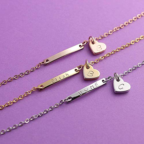 Personalized Name Bar Anklet for Women with Hand Stamped Dangle Heart Charm, Custom Engraved Initial Plate, 16K Gold Rose Gold Silver Plated Hypoallergenic Stainless Steel, Anniversary Birthday Bridesmaid Gift