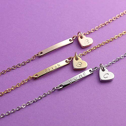 Personalized Name Bar Anklet for Women with Hand Stamped Dangle Heart Charm, Custom Engraved Initial Plate, 16K Gold Rose Gold Silver Plated Hypoallergenic Stainless Steel, Anniversary Birthday Bridesmaid Gift