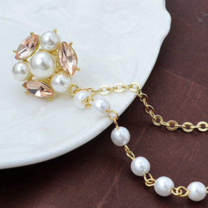 Champagne Tone Crystal Pearl Daisy Flower Brooches Pins with Pearl Chain Tassel Sweater Guard Clip Pin