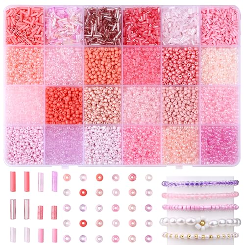 LAIDANLA 7500pcs Mix Pink Glass Seed Beads Kit for Jewelry Making with 3mm Tiny Bead and 4mm/6mm Bugle Tube Bead 24 Colors Waist Embroidery Beads for Bracelets Necklaces DIY Craft Beading Kit - color: Pink