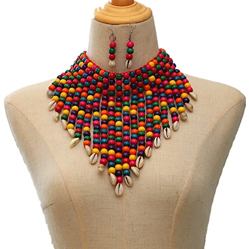 COLORFUL BLING Chunky Wooden Beaded Seed Bib Collar Necklace Boho Layered Africa Wood Shell Strand Choker Necklace Jewelry Set for Women - color: colorful