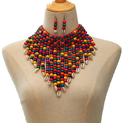 COLORFUL BLING Chunky Wooden Beaded Seed Bib Collar Necklace Boho Layered Africa Wood Shell Strand Choker Necklace Jewelry Set for Women - color: colorful