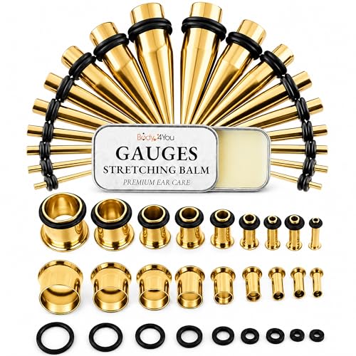 BodyJ4You 37PC Ear Gauge Stretching Kit 14G-00G - Aftercare Balm Tapers | Gauges for Ears Dead Stretching Lobe - Surgical Stainless Steel Single Flare Plugs - Flesh Tunnels O-Rings Expander Men Women - color: Goldtone, Single Flare