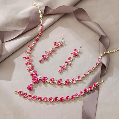 EVER FAITH Marquise Crystal Leaf Bridal Prom Jewelry Set for Women Bride | Rhinestone Wedding Party Necklace Dangle Earrings Tennis Bracelet, for Bridesmaid - color: Hot Pink