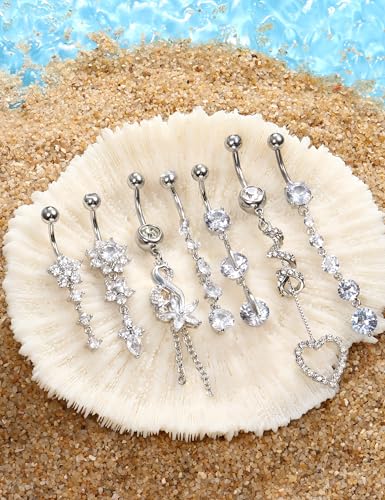 LOLIAS 7 Pcs Surgical Steel Dangle Belly Button Ring Piercing for Women | Hypoallergenic Long Belly Rings Gold Silver 14G Navel Button Piercing CZ Flower Heart Curved Navel Piercing Jewelry - color: A:Silver-tone
