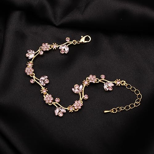 Elegant Brides Austrian Crystal Flower Choker Necklace Drop Dangle Earring Bracelet Wedding Jewelry Set for Bridesmaid Prom Costume Jewelry Set for Women - color: Pink-Gold Plated