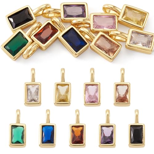 9Pcs Cubic Zirconia Crystal Charms Rectangle Brass Golden Plated Pendants Faceted Crystal Drop BirthstoneDangle Charms for DIY Necklace Earring Jewelry Making 12x5.5x4mm - color: Rectangle #2