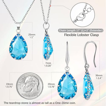 Linawe Crystal Jewelry Sets for Women, Imitation Diamond Pendant Necklace, Rhinestone Drop Dangle Earrings, Birthstone Cubic Zirconia Matching Wedding Jewelry, 14K Gold/Rose Gold/Silver Tones - color: Silver,Aquamarine,Mar