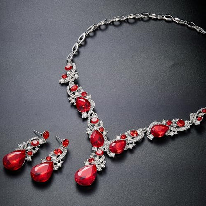 Women's Wedding Bridal Crystal Multi Teardrop Cluster Statement Necklace Dangle Earrings Set - color: 03-Ruby Color Silver-Tone