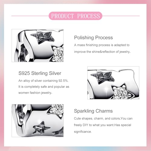 S925 Sterling Silver Cute Bead Charm for Pandora Bracelets and Necklaces | Lucky Clover Cute Animal Pink Bow Cherry Butterfly Pendant Bead Charms Jewelry Making Gifts for Women Valentines Mother's Day - style: Hollow Star Bead Charm