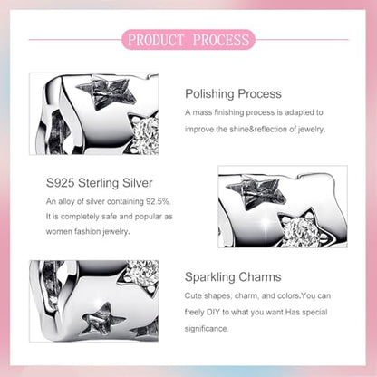 S925 Sterling Silver Cute Bead Charm for Pandora Bracelets and Necklaces | Lucky Clover Cute Animal Pink Bow Cherry Butterfly Pendant Bead Charms Jewelry Making Gifts for Women Valentines Mother's Day - style: Hollow Star Bead Charm