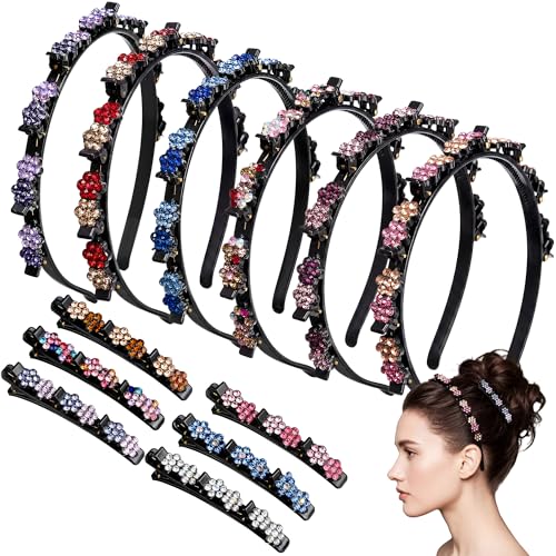 Suncalla 12 Pcs Headband with Clips Set for Women Girls, 6 Hairpin Headband, 6 Rhinestone Hair Clip, Flexible Double Layer Twist Plait Double Bangs Braided Hollow Woven Crystal Flower Hair Accessory