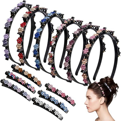 Suncalla 12 Pcs Headband with Clips Set for Women Girls, 6 Hairpin Headband, 6 Rhinestone Hair Clip, Flexible Double Layer Twist Plait Double Bangs Braided Hollow Woven Crystal Flower Hair Accessory