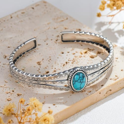 925 Sterling Silver Oval Turquoise Exquisite Cuff Bracelet Boho Style Adjustable Bracelet Jewelry Gifts for Women Mother - style: Cuff Bracelet 3