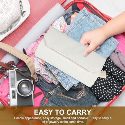 BESPORTBLE Portable Travel Jewelry Organizer Bag for Jewelry Storage Foldable Roll-up Design with White Leather and Lint Material Simple Appearance for Travel