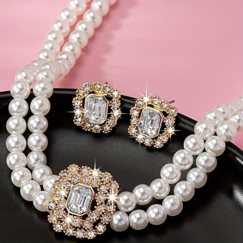 Classic Double Strand Faux Pearl Choker Necklace and Earrings Set with Crystal Accent, Elegant Jewelry for Special Occasions and Everyday Wear - color: clear