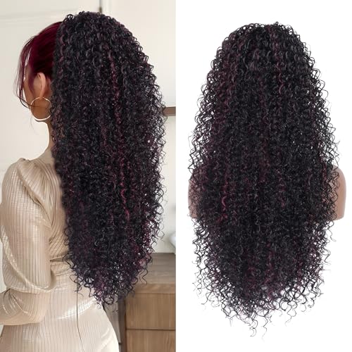 Alebery 27 Inch Drawstring Ponytail Extension for Black Women Deep Curly Ponytail Extension Synthetic Mixed with Human Hair Hairpieces Afro Kinky Curly Pony Tail for Daily Use (Burgundy Highlight) - color: Burgundy Highlight, size: 27 Inch