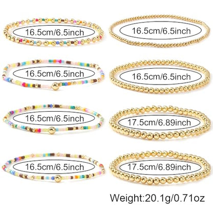 8PCS Colorful Gold Beaded Bracelets for Women Handmade Boho Stretch Stackable Colorful Gold Plated Ball Seed Beads Bracelet Stack Trendy Jewelry Set Prom Friendship Gift
