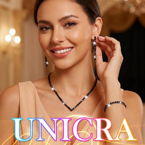 Unicra Rhinestone Bridal Wedding Jewelry Set Silver Necklace Earrings Bracelet Sets Prom Formal Costume Jewelry Sets for Women and Brides - color: Black