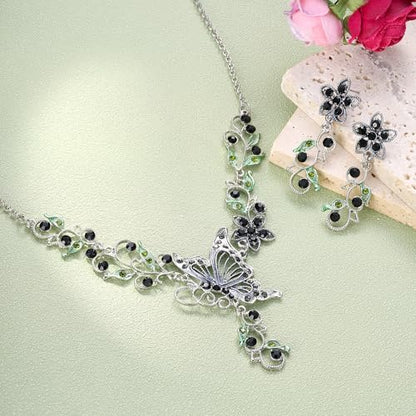 EleQueen Women's Crystal Butterfly Flower Leaf Necklace Earrings Set | Crystal Jewelry Set for Brides Bridesmaids, Necklace Set for Party - color: Black