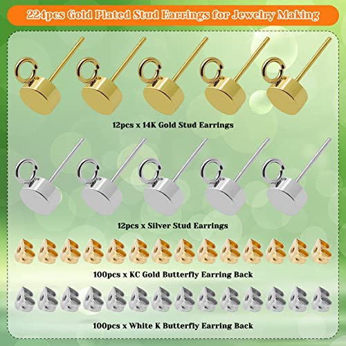 224pcs Earring Studs for Jewelry Making,Gold Plated Stud Earrings Hypoallergenic Stud Earring with Loop Stainless Steel Earrings Posts with Ear Nut for DIY Making,Favors(14K Gold,Silver) - color: 224pcs;14K Gold,Silver