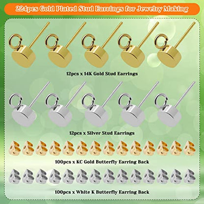 224pcs Earring Studs for Jewelry Making,Gold Plated Stud Earrings Hypoallergenic Stud Earring with Loop Stainless Steel Earrings Posts with Ear Nut for DIY Making,Favors(14K Gold,Silver) - color: 224pcs;14K Gold,Silver