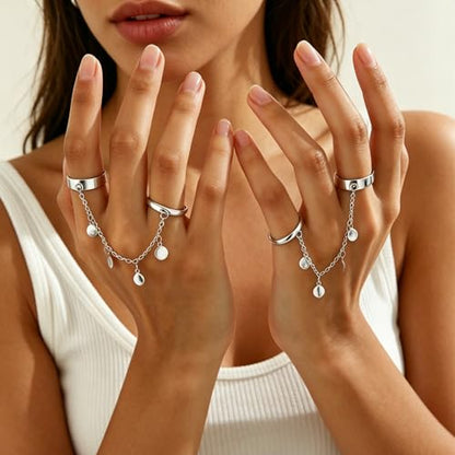 Chain Ring for Women Chunky Dangle Ring Two Finger Rings Crystal Statement Open Adjustable Finger Chain Rings Fashion Jewelry Accessories - color: silver