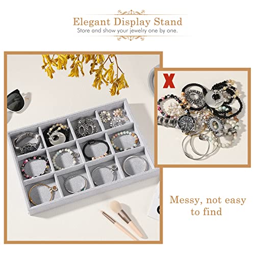 Emibele Bracelets Organizer Jewelry Tray, 12 Grids Velvet Tray Storage for Watches Rings Earrings, Stackable Jewelry Drawer Organizer Showcase Display Trays with Detachable Inner Dividers, Grey - style: D1- twelve Grids