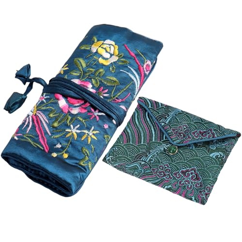 2pcs Embroidery Jewelry Roll 2 Styles Jewelry Silk Purse Pouchs Damask Cloth Roll Brocade Organizer with Snap Button and Zipper Small Gift Bags for Travel Storage Jewelry/Peacock Green - color: 01 Peacock