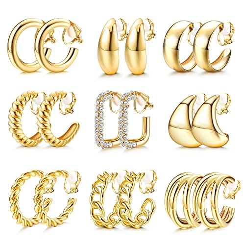 Gold Plated Clip On Earrings for Women Non Pierced Clip on Hoop Earrings | 9 Pairs 14K Gold Plated Waterdrop Chunky Hoop Earrings CZ Twist Statement Earring Set Hypoallergenic Fake Earring Jewelry - color: Gold