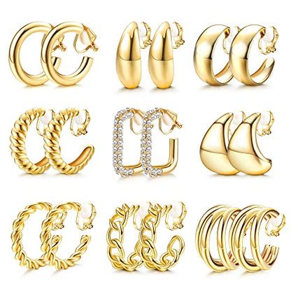 Gold Plated Clip On Earrings for Women Non Pierced Clip on Hoop Earrings | 9 Pairs 14K Gold Plated Waterdrop Chunky Hoop Earrings CZ Twist Statement Earring Set Hypoallergenic Fake Earring Jewelry - color: Gold