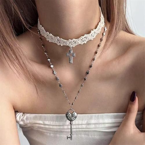White Lace Cross Strap Key Choker Necklace for Women Cool Heart Chain Double Layer Necklace Fashion Party Jewelry Gift