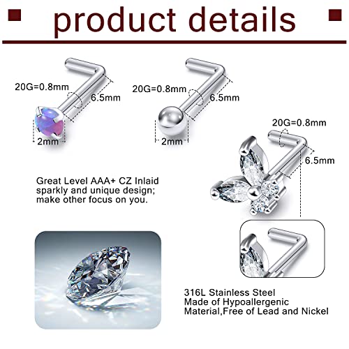 Prjndjw 20G 18G Nose Rings Studs Surgical Steel Nose Stud Glow Dark Heart Opal CZ Flower Nose Piercing Jewelry Nose Rings for Women Straight Screw L Shaped Nose Rings Hypoallergenic Nose Piercing Kit - color: 20G-L Shape nose rings