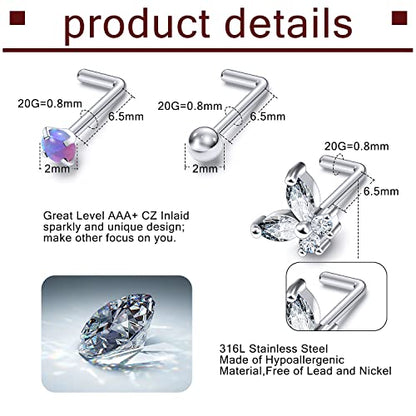 Prjndjw 20G 18G Nose Rings Studs Surgical Steel Nose Stud Glow Dark Heart Opal CZ Flower Nose Piercing Jewelry Nose Rings for Women Straight Screw L Shaped Nose Rings Hypoallergenic Nose Piercing Kit - color: 20G-L Shape nose rings